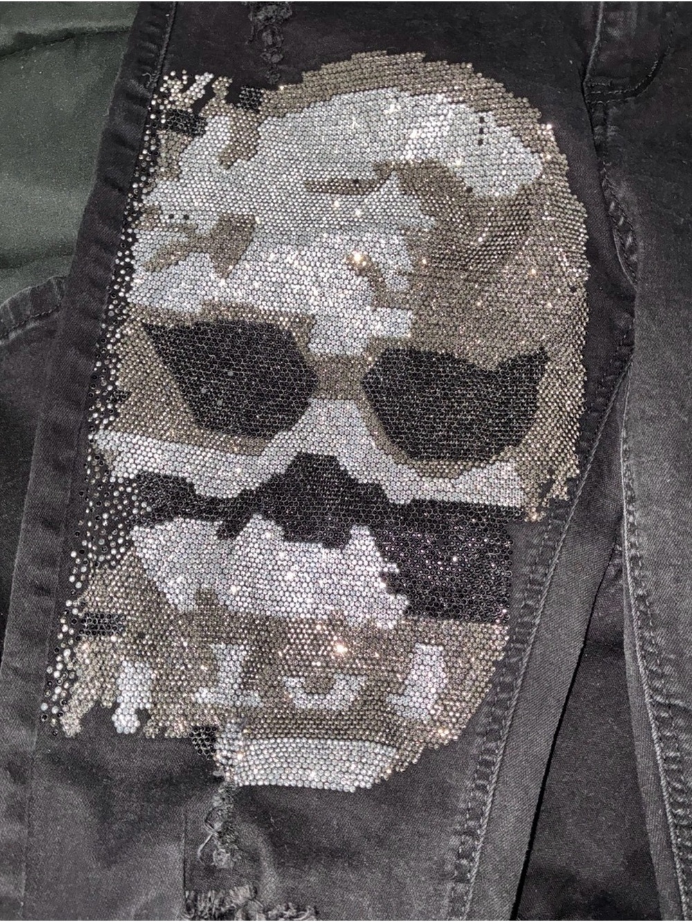Men's Black Jeans with Silver Sequin Skull Detail